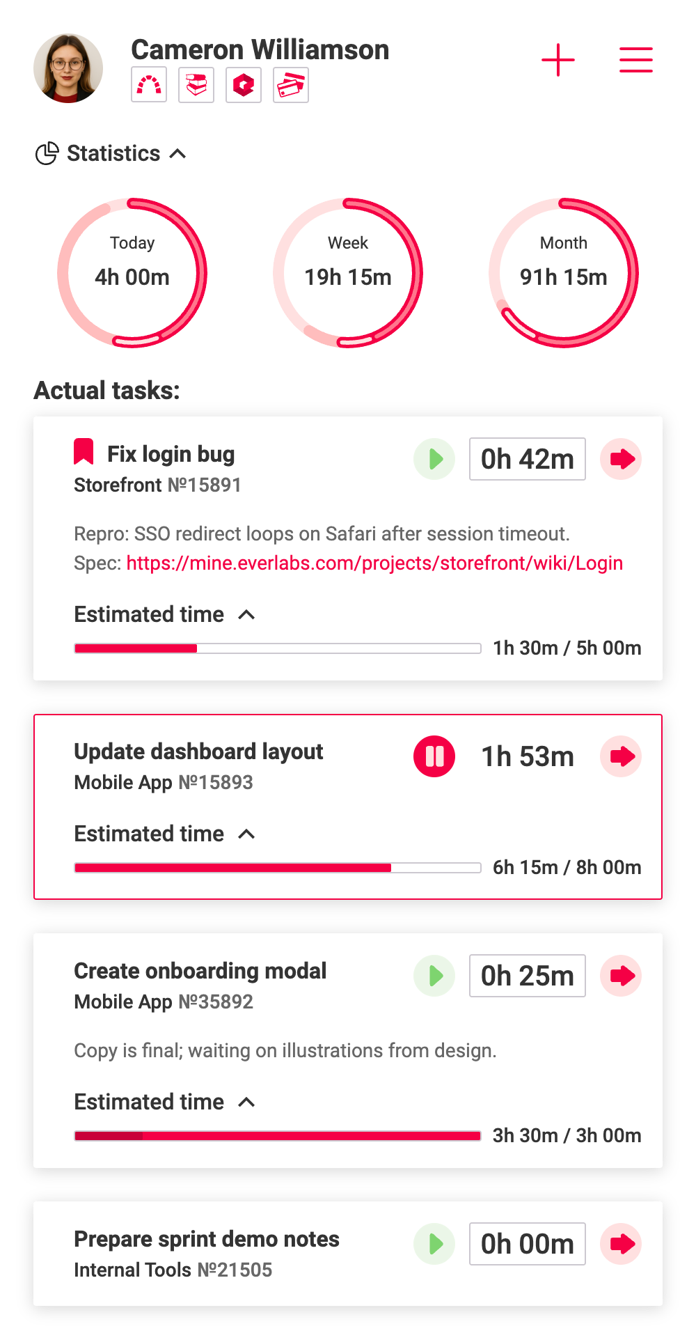 The Evertimer popup with statistics and tasks